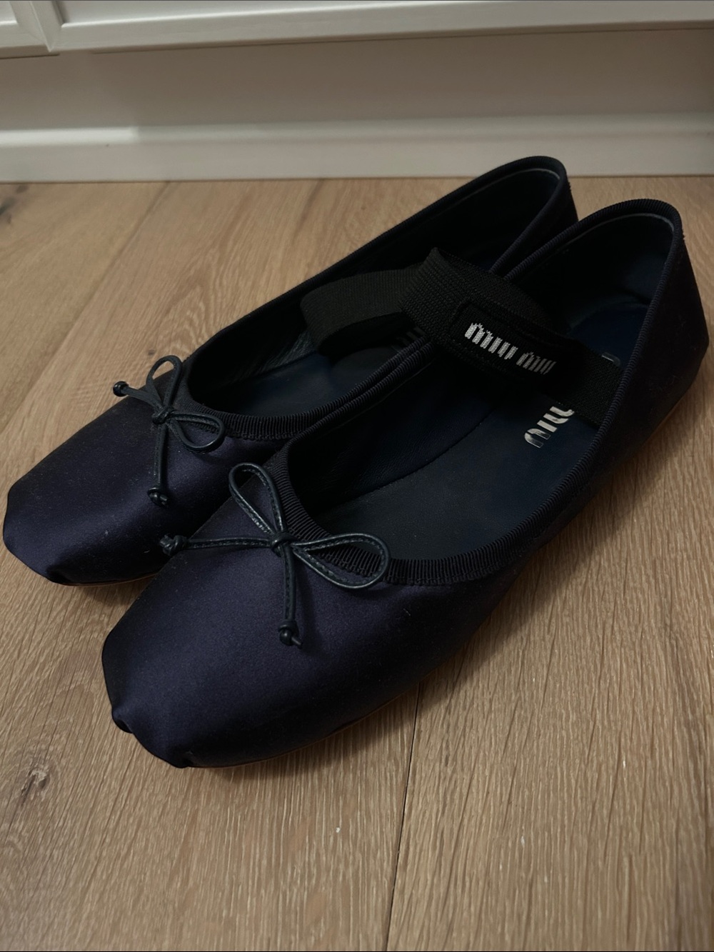 Miu Miu Navy Satin Ballet Flats with Bow